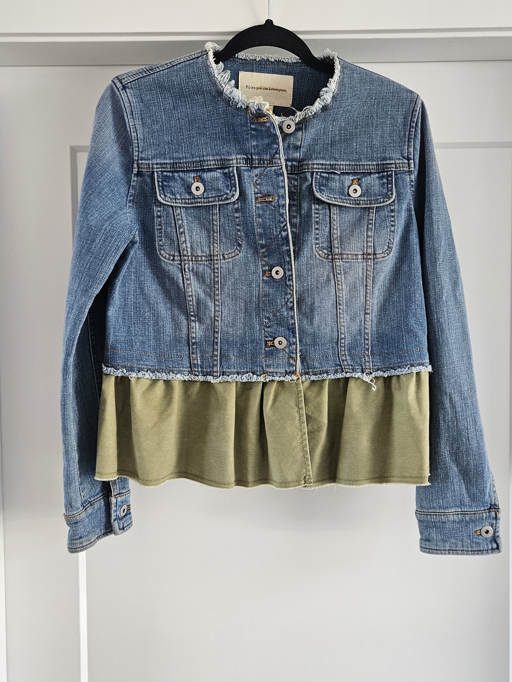 Anthro Pilcro and the Letterpress Blue Denim Peplum Jacket Olive Layer - Small - Picture 2 of 7